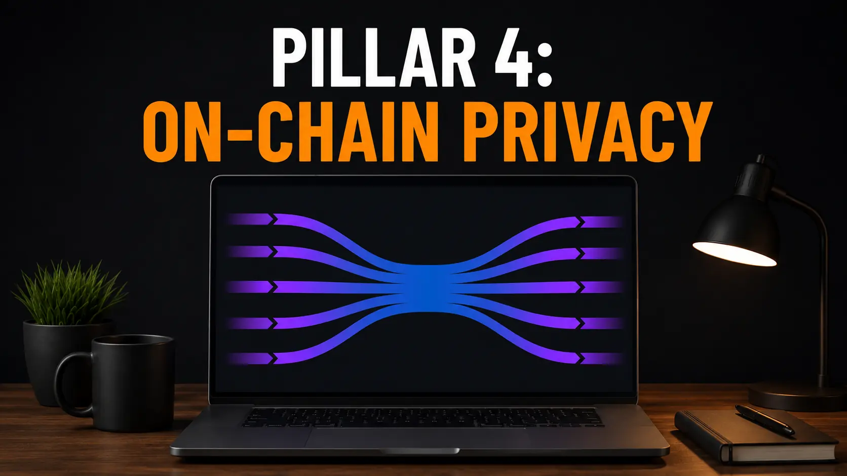Pillar 4: On-Chain Privacy — a laptop showing Bitcoin transaction inputs converging