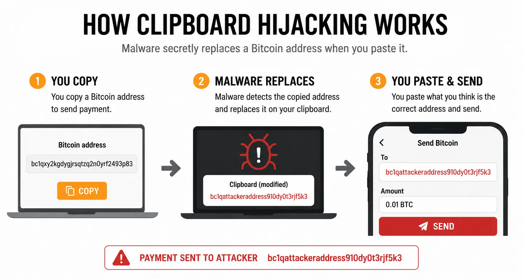 Clipboard hijacking malware replacing a Bitcoin address