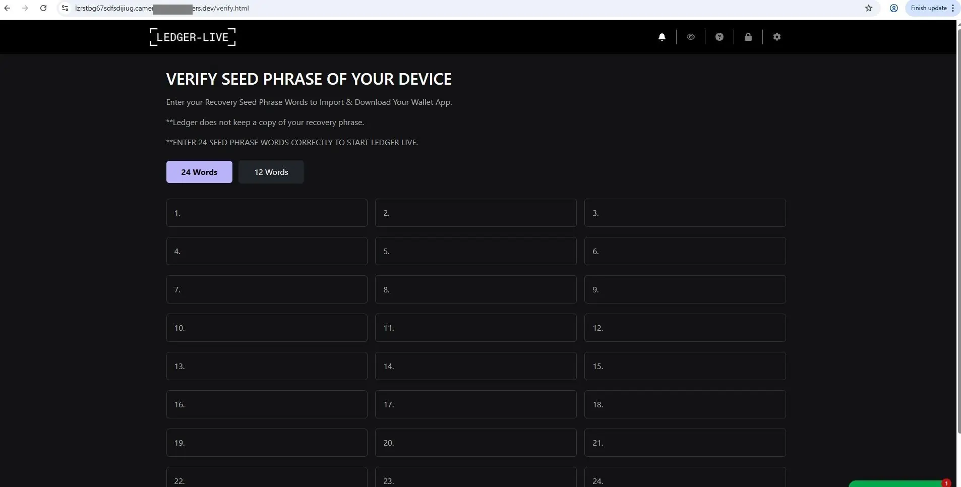 A fake Ledger website used to steal seed phrases